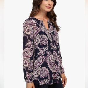 Lucky Brand Purple & Navy Paisley Sheer Button-Front Long Sleeve Top, Size L
